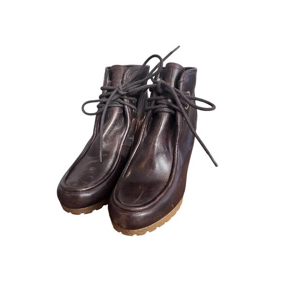 Size 7.5 Michael Kors Rory Wedge Booties Brown Leather Ankle Boots Lace Up - Picture 1 of 16
